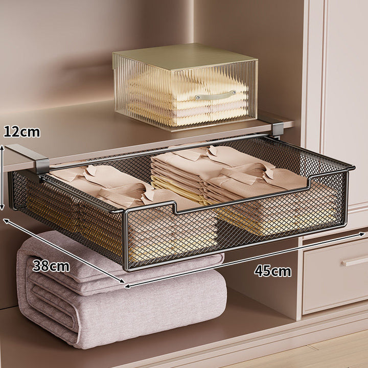 Under-Shelf Sliding Mesh Drawer Organizer with Clip-On Mount and Ventilated Metal Basket