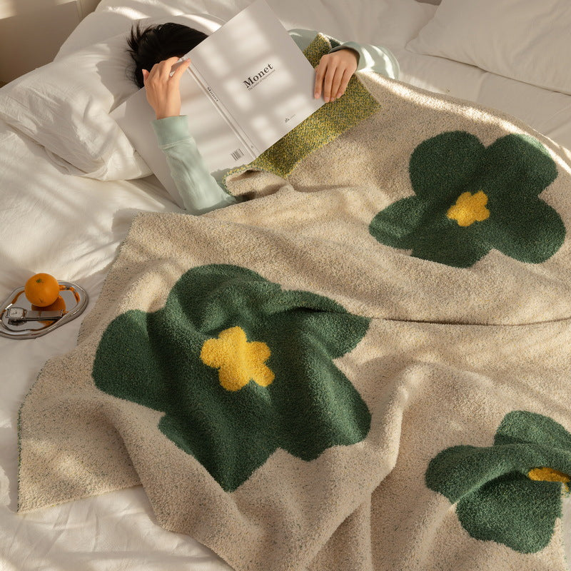 Chunky Knit Boucle Throw Blanket with Large Floral Motif and Teddy Texture Stornfield
