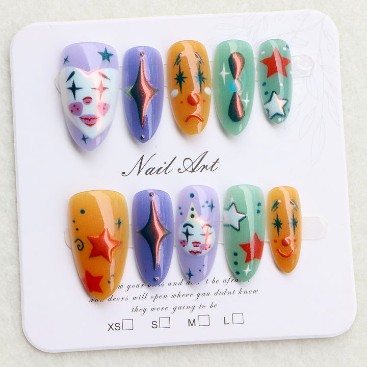 Whimsical Clown-Inspired Press-On Nail Art Set Stornfield