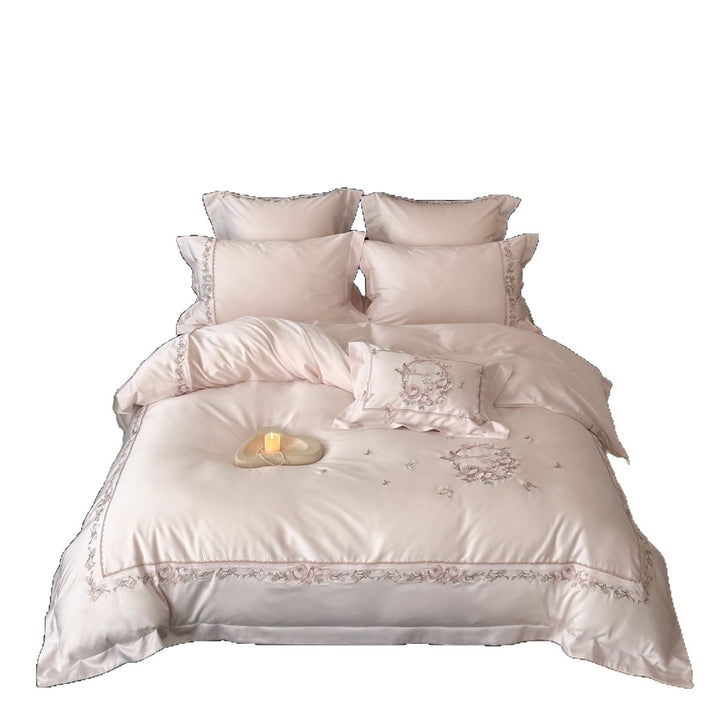 Satin bedding set with embroidered rose border and fine silk shine
