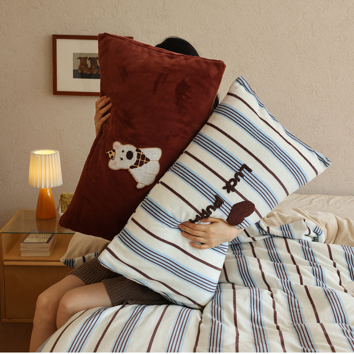 Striped Cotton Sateen Duvet Cover Set with Embroidered Puppy Applique & Pillow Shams