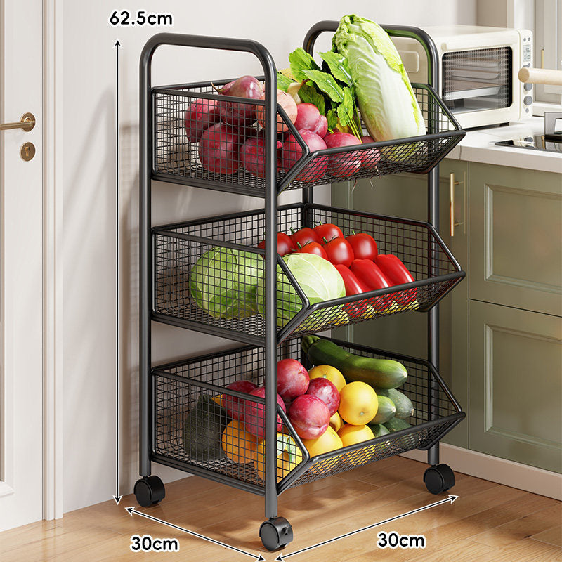 Three-Tier Rolling Mesh Produce and Pantry Storage Cart with Swivel Casters