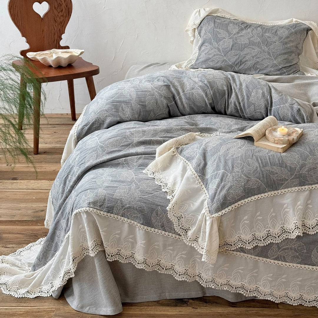 Linen-Feel Leaf-Print Duvet Cover Set with Embroidered Lace Flounce & Deep-Pocket Bedskirt