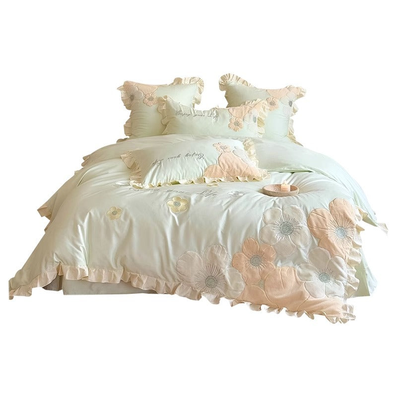 Floral Appliqué Ruffled Cotton Sateen Duvet Cover Set with Decorative Pillow Shams