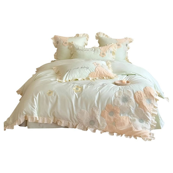 Floral Appliqué Ruffled Cotton Sateen Duvet Cover Set with Decorative Pillow Shams