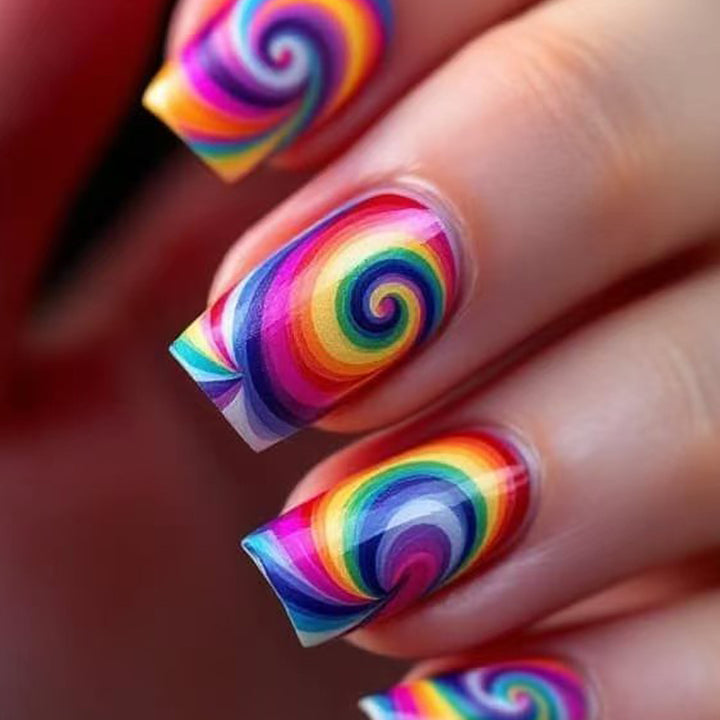 Creative nail art with colorful spiral pattern Stornfield
