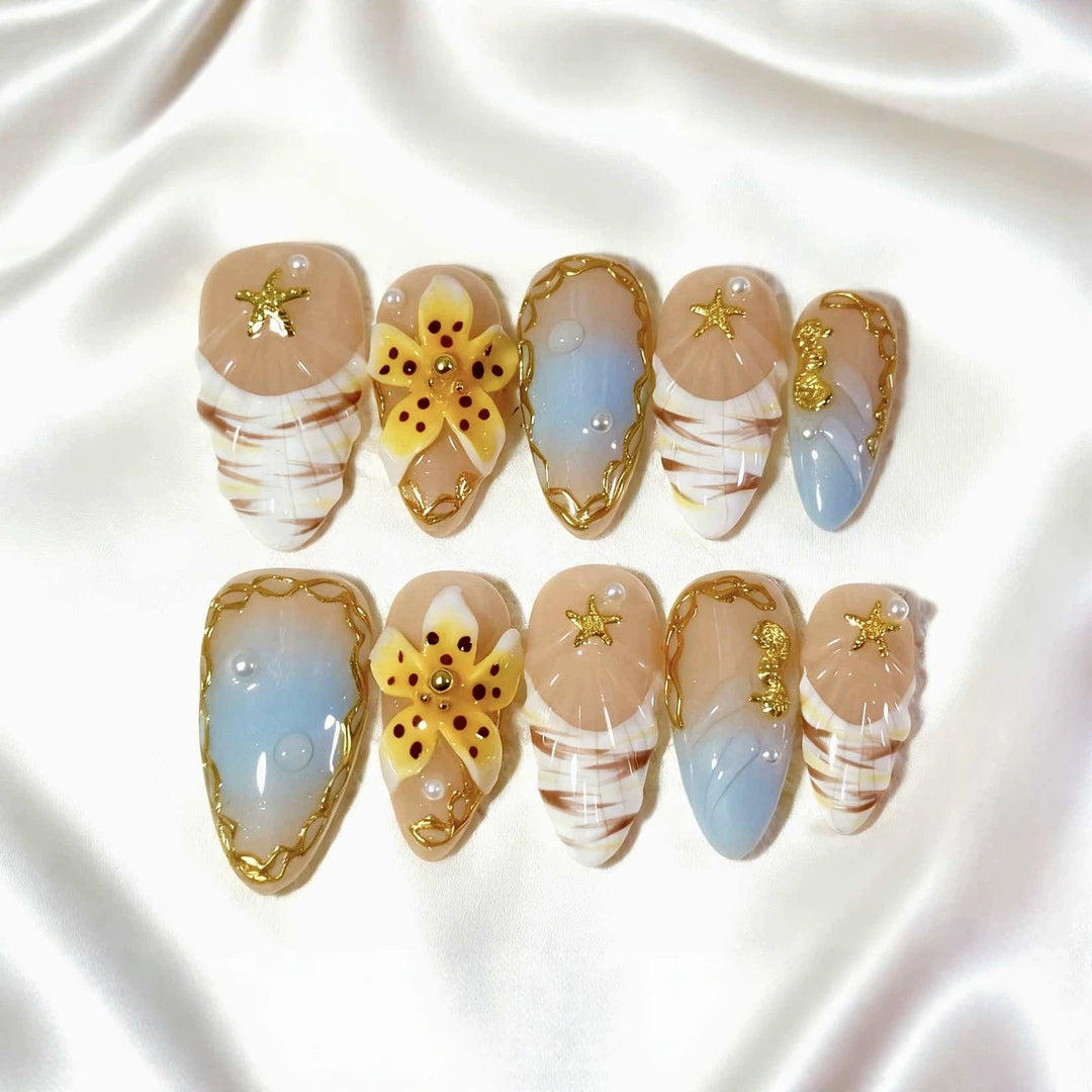 Decorative Press-On Nail Art Set with Ocean-Inspired Themes
