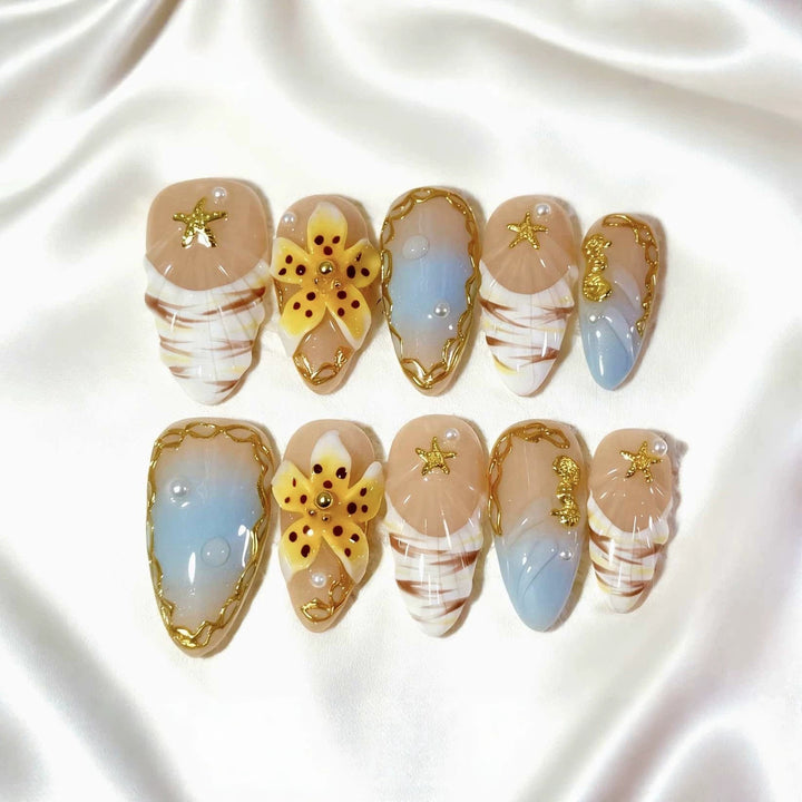 Decorative Press-On Nail Art Set with Ocean-Inspired Themes