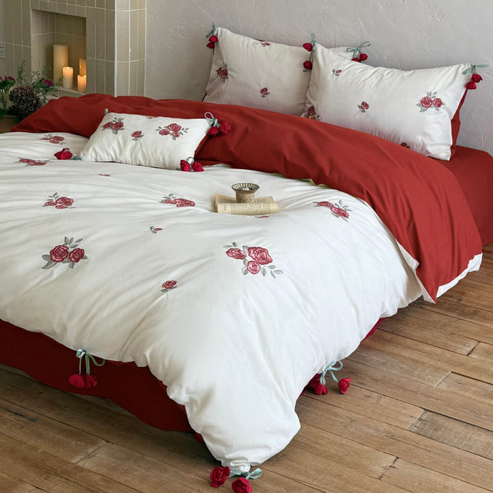 Embroidered Rose Cotton Sateen Reversible Duvet Cover Set