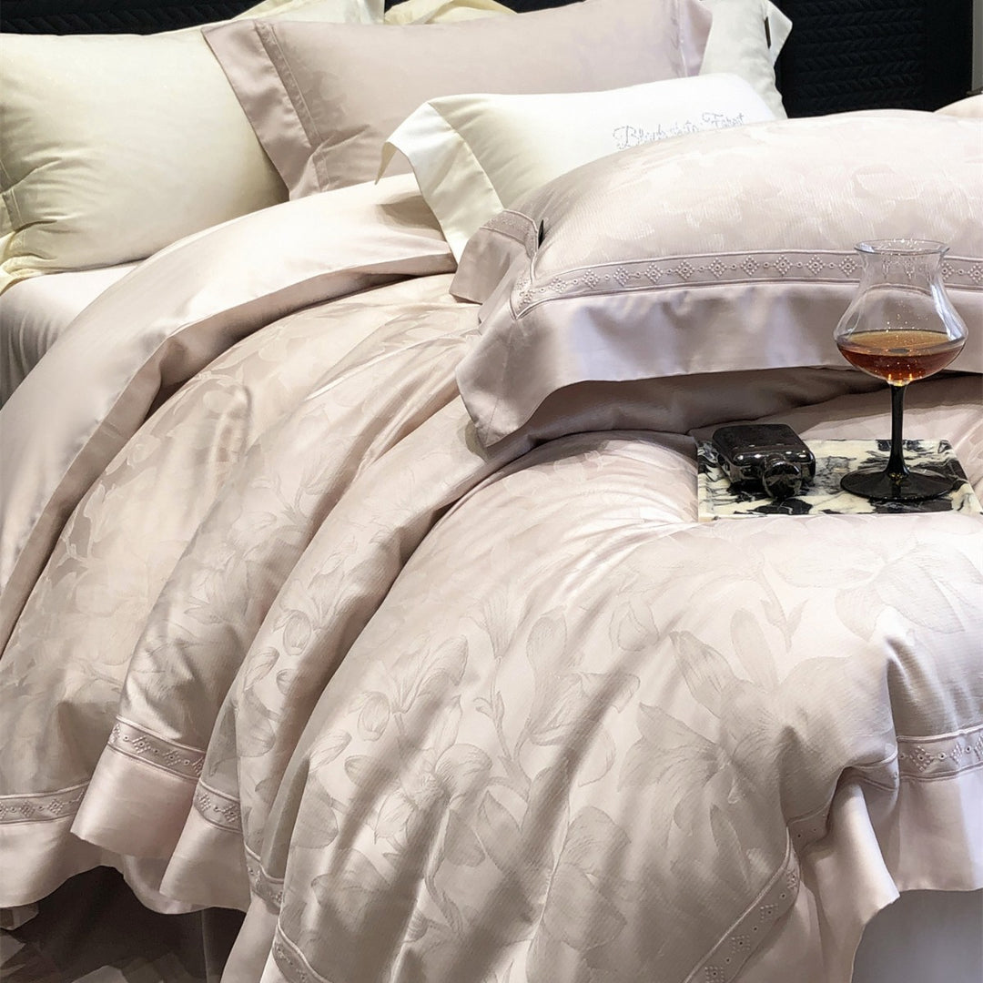 Premium Floral Jacquard Sateen Duvet Cover Set with Embroidered Hem