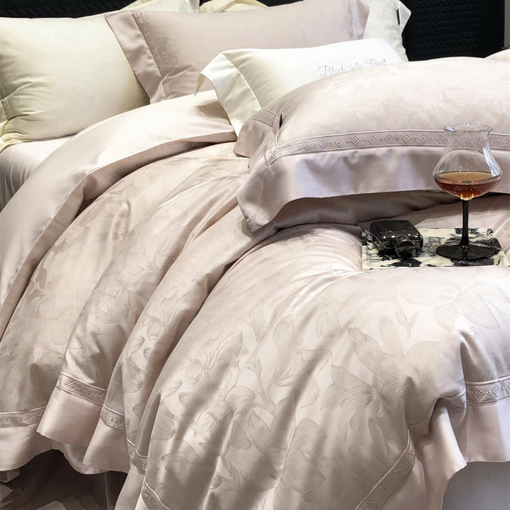 Premium Floral Jacquard Sateen Duvet Cover Set with Embroidered Hem