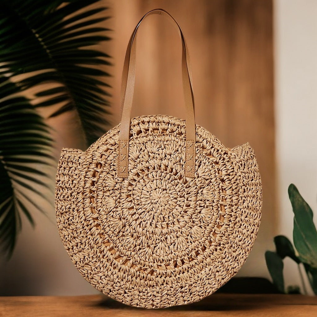 Handcrafted Round Straw Bag with Elegant Leather Handles Stornfield