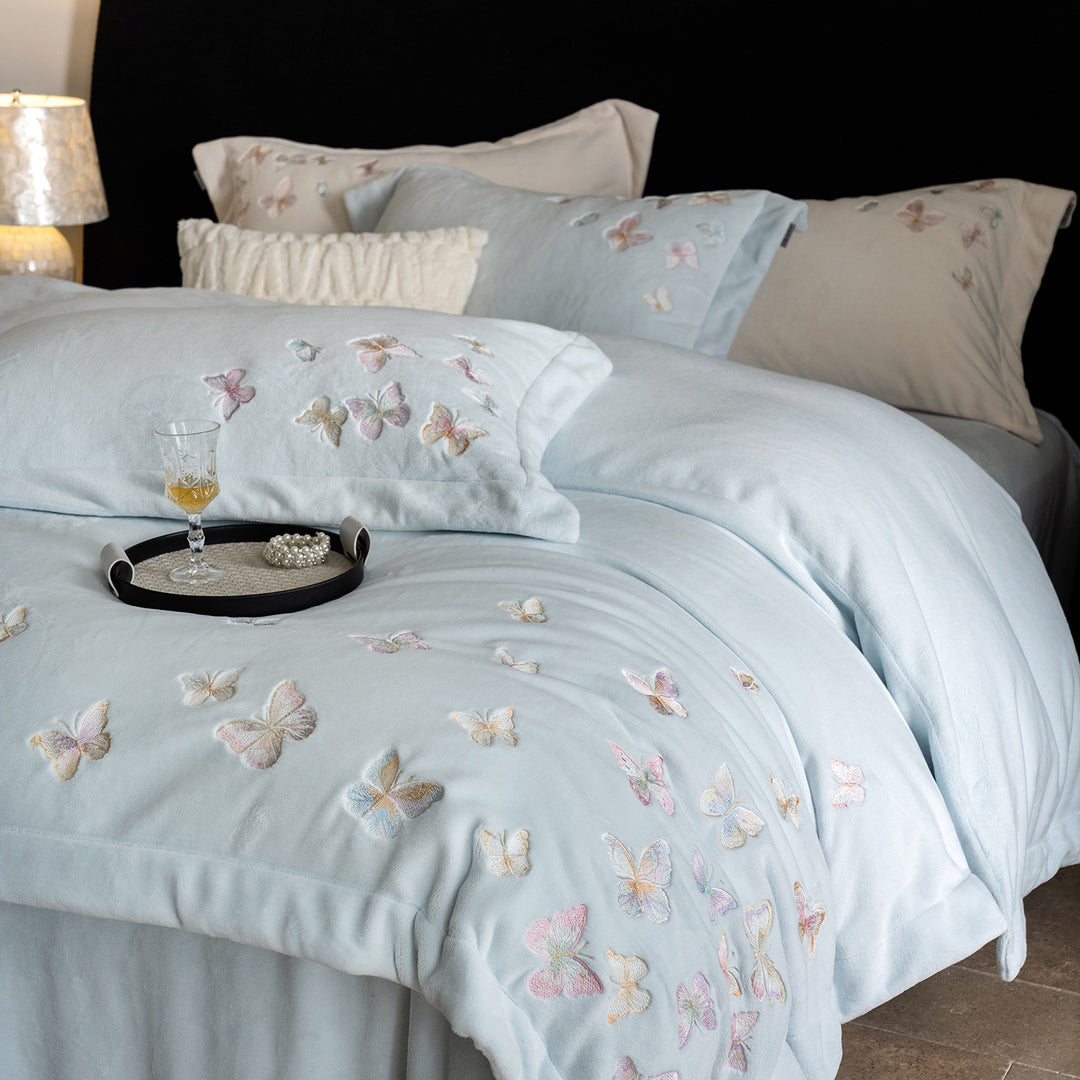 Embroidered Pastel Butterfly Washed Cotton-Linen Duvet Cover Ensemble