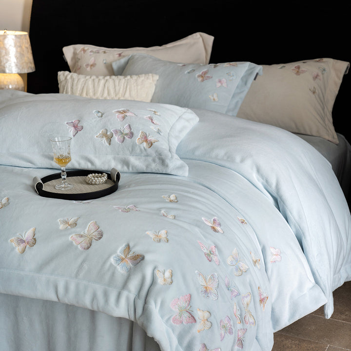 Embroidered Pastel Butterfly Washed Cotton-Linen Duvet Cover Ensemble