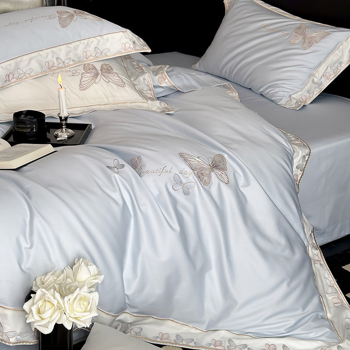 Satin-Feel Embroidered Butterfly Duvet Cover Bedding Set