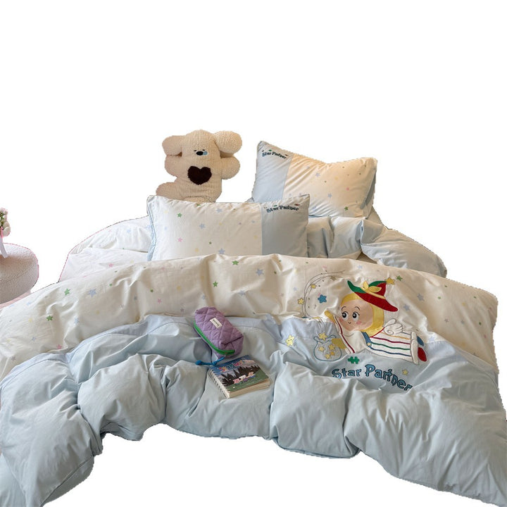 Children's Plush Embroidered Duvet Cover Set with Polka Dot Cotton Pillowcases