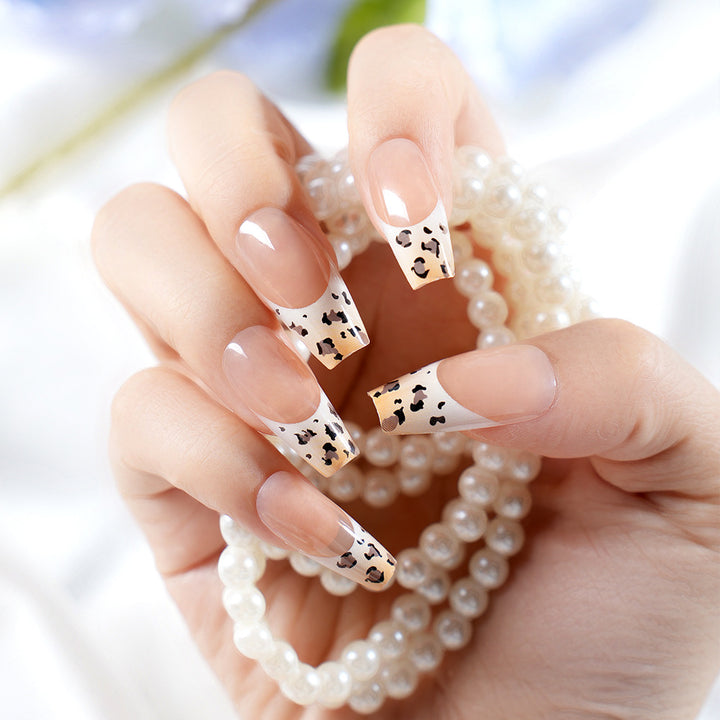 Stylish French Tip Press-On Nails with Animal Print Stornfield
