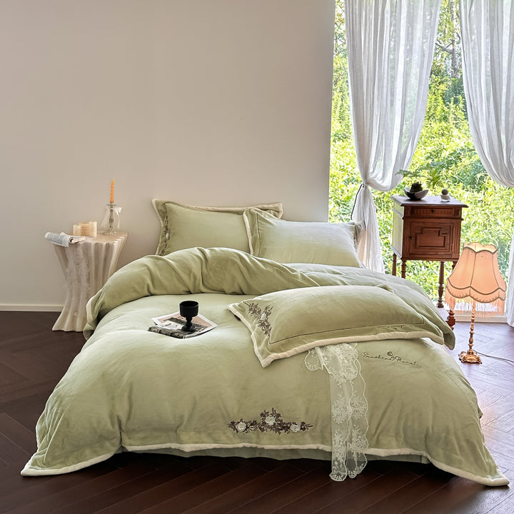 Luxury Embroidered Velvet Duvet Cover Set with Ruffle Skirt and Pillow Shams