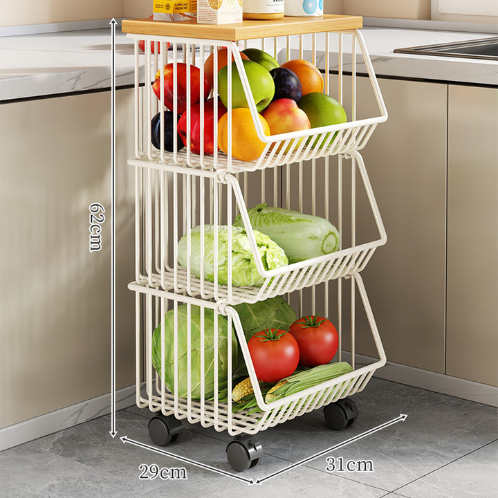 Countertop Wooden-Top Metal Wire Produce Storage Basket with Front-Tilt Access