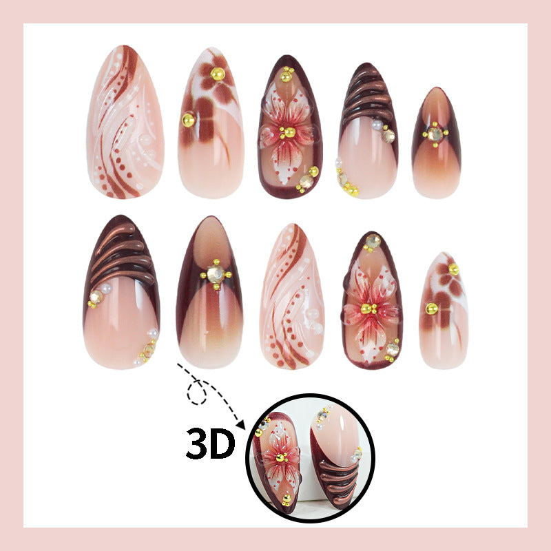 Acrylic nail set with 3D flower decorations and elegant patterns Stornfield