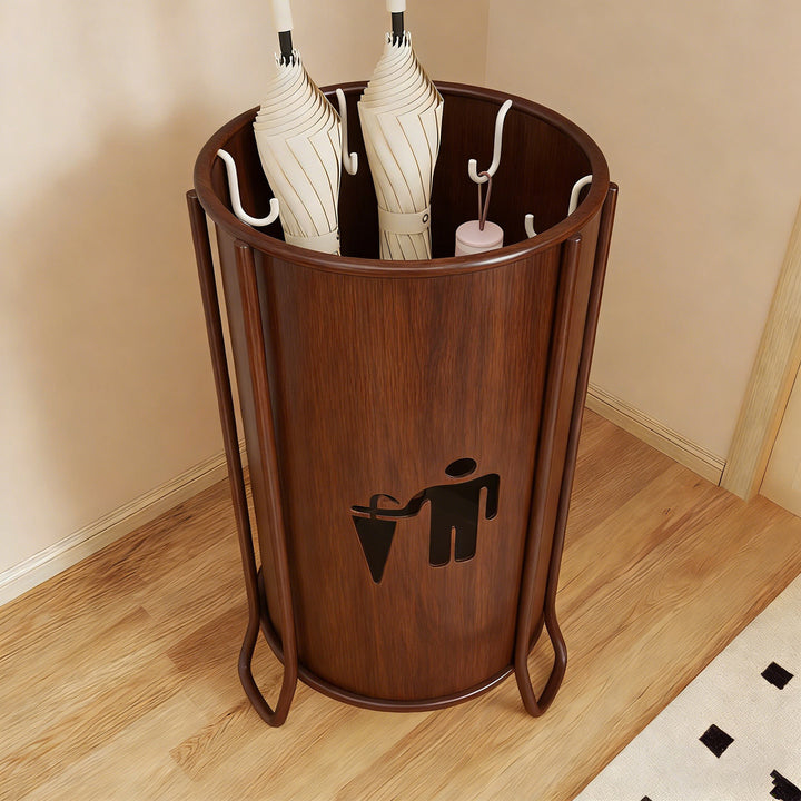 Wooden Umbrella Stand with Integrated Hook System and Drip Tray