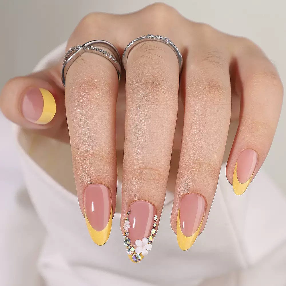 Artificial nail set with elegant French design and 3D flower decorations Stornfield