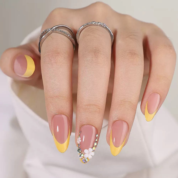 Artificial nail set with elegant French design and 3D flower decorations Stornfield