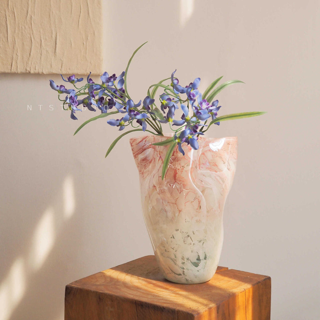 Handblown Marble-Effect Tall Sculptural Glass Vase with Organic Ruffled Rim Stornfield