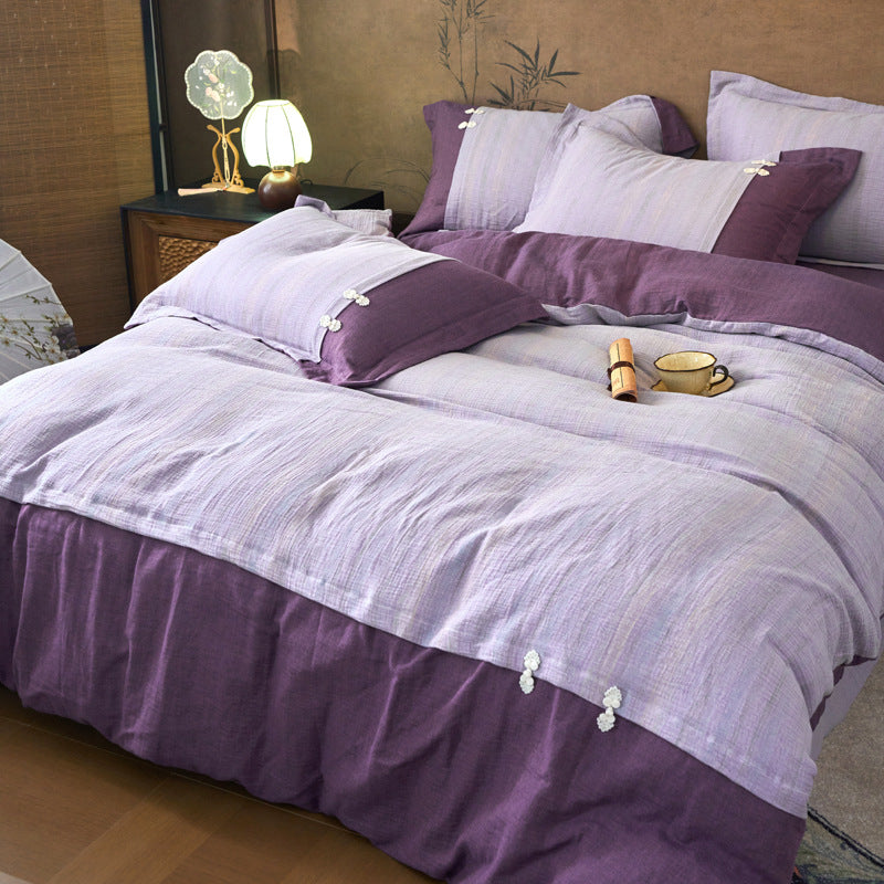 Romantic cotton-linen reversible bedding set with floral print and decorative cords