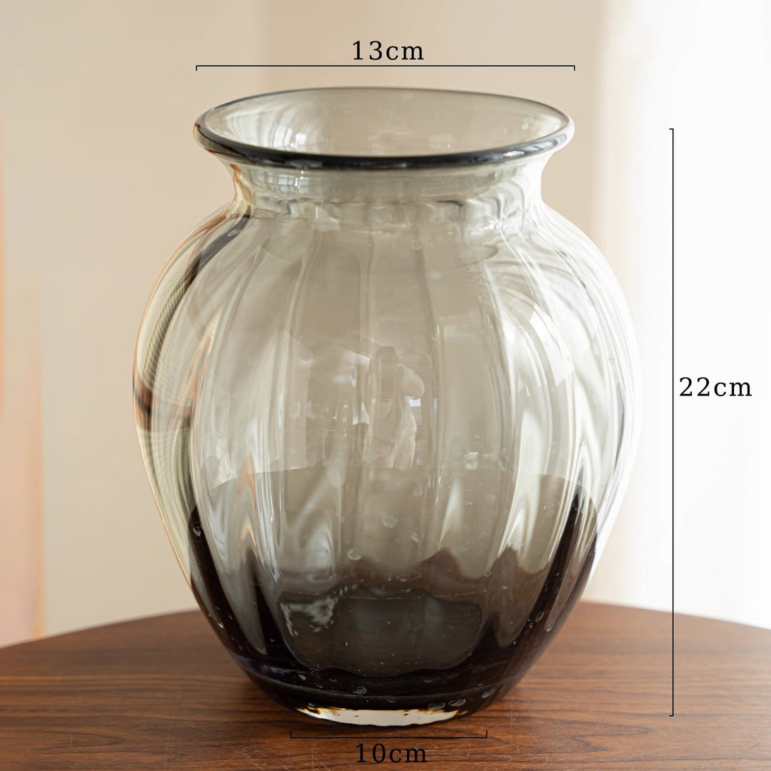 Handblown Ribbed Smoky Glass Bulb Vase with Narrow Neck Stornfield