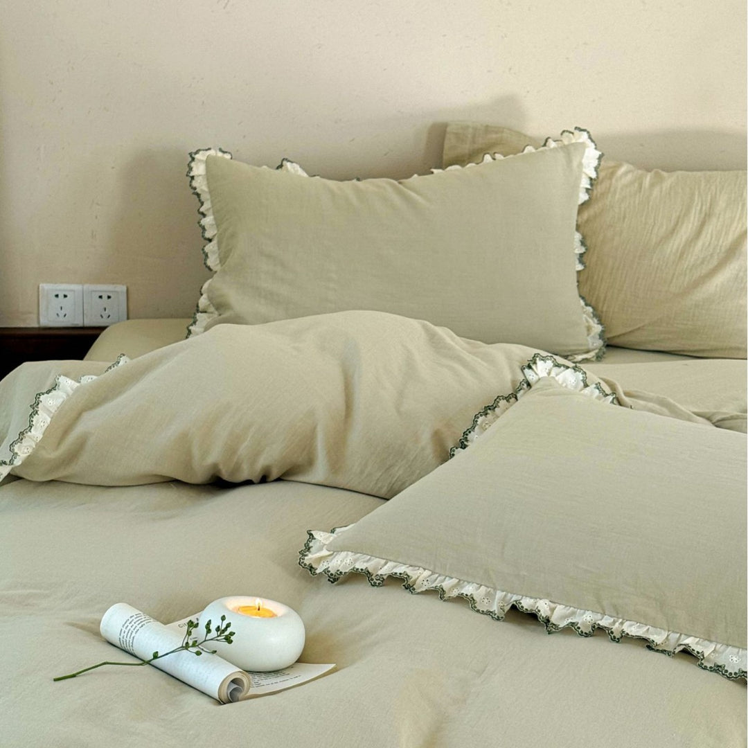 Ruffled Lace-Trim Washed Cotton Duvet Cover Set with Pillow Shams