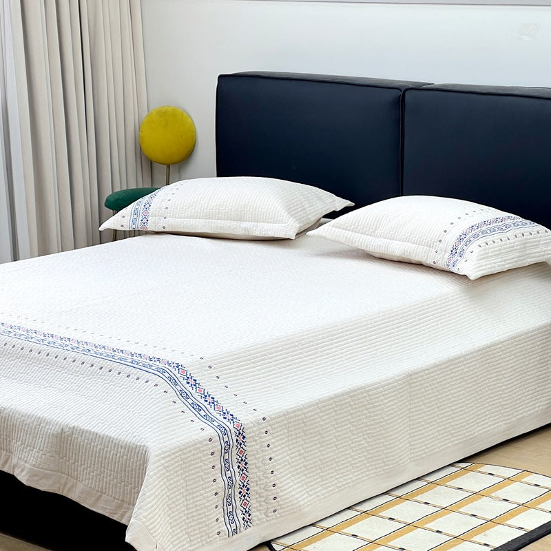 Embroidered Quilted Cotton Coverlet Set with Pillow Shams and Geometric Border