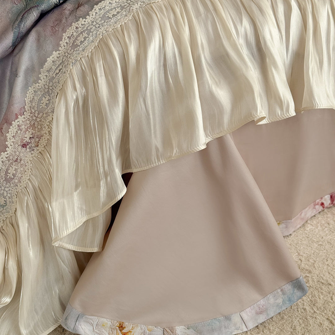 Romantic Vintage-Style Silk-Feel Floral Duvet Cover Set with Pleated Bedskirt & Lace Appliqué