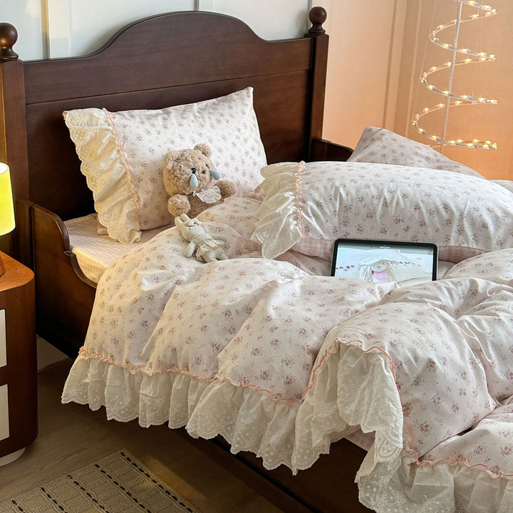 Floral Cotton Blend Duvet Cover Set with Lace Ruffle and Pillow Shams