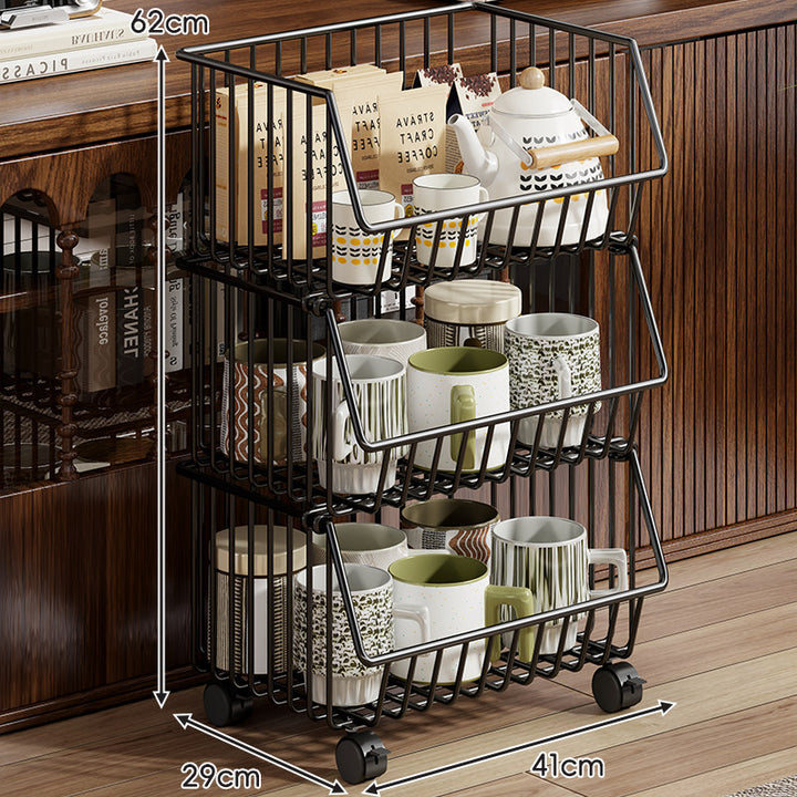 Four-Tier Tall Rolling Wire Pantry and Mug Storage Cart with Deep Slanted Baskets
