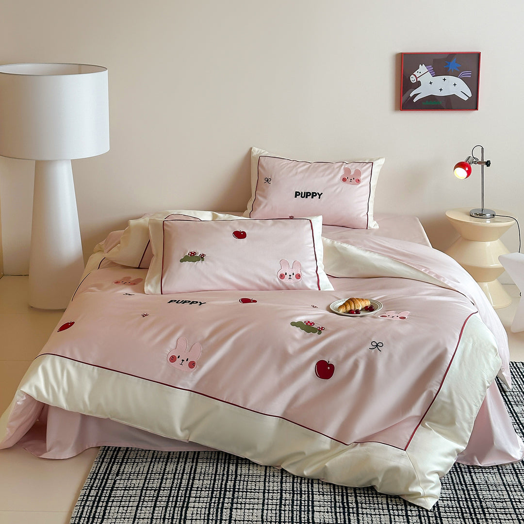 Cartoon Embroidered Cotton Sateen Duvet Cover Set with Piped Edge and Pillow Shams