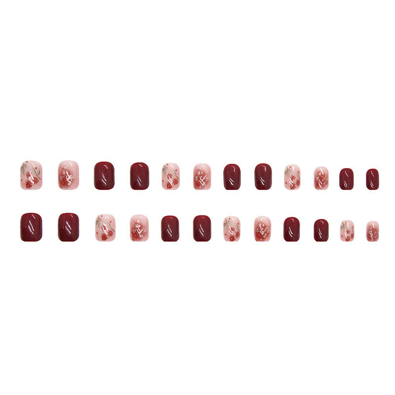 Floral-Design Press-On Nail Set with Gem Accents