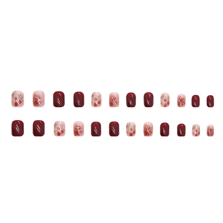 Floral-Design Press-On Nail Set with Gem Accents
