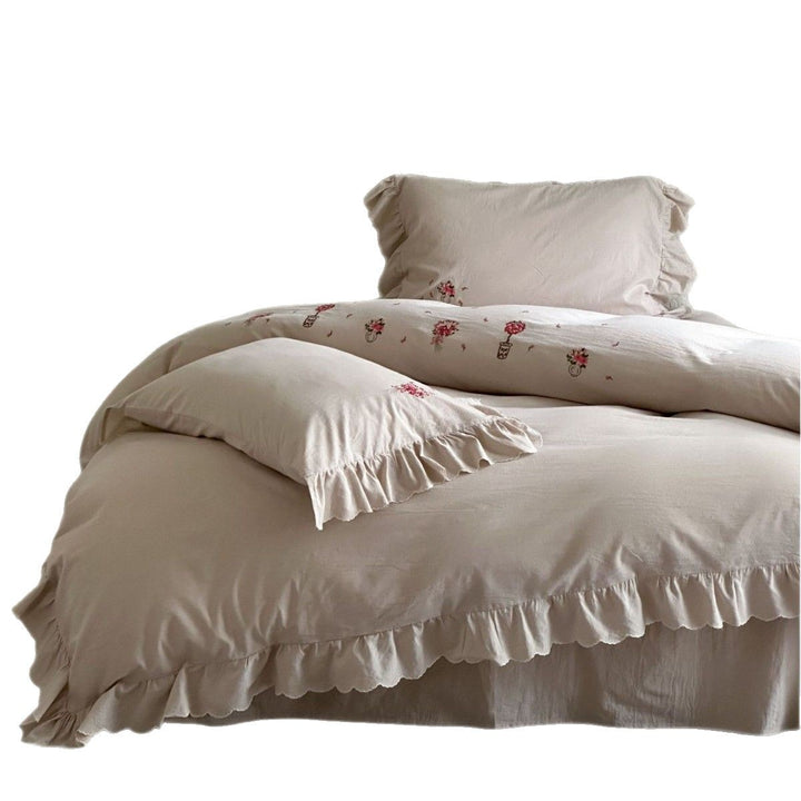 Ruffled Embroidered Cotton Duvet Cover Set with Pillow Shams