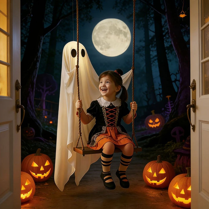 Children's Halloween Costume Dress with Lace-Up Bodice, Tulle Skirt and Striped Knee Socks