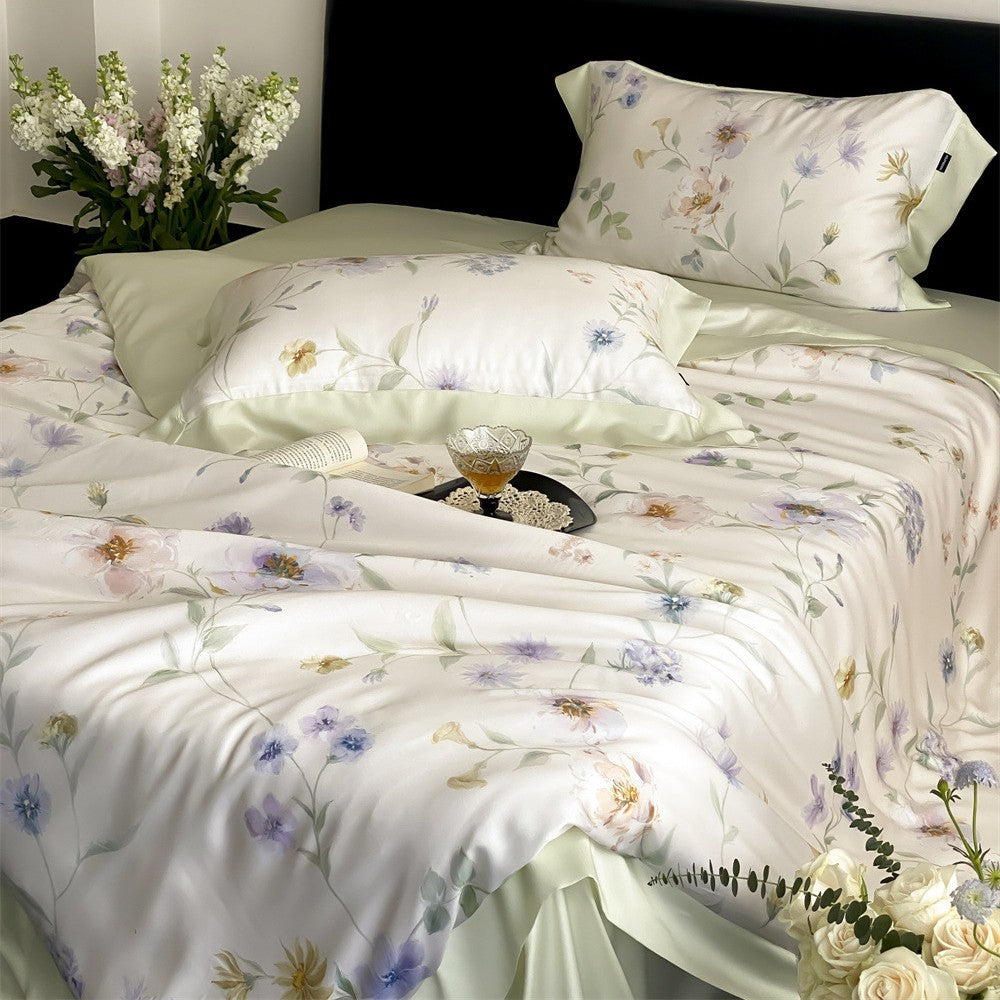 Luxurious cotton satin bedding set with watercolor marble print and fine hem edge