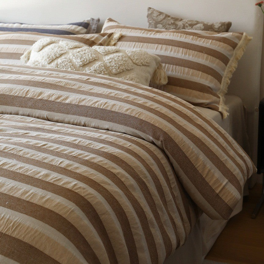 Striped Cotton-Linen Duvet Cover Set with Textured Fringe Trim
