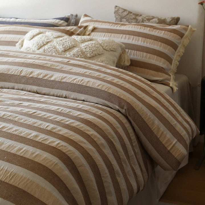 Striped Cotton-Linen Duvet Cover Set with Textured Fringe Trim