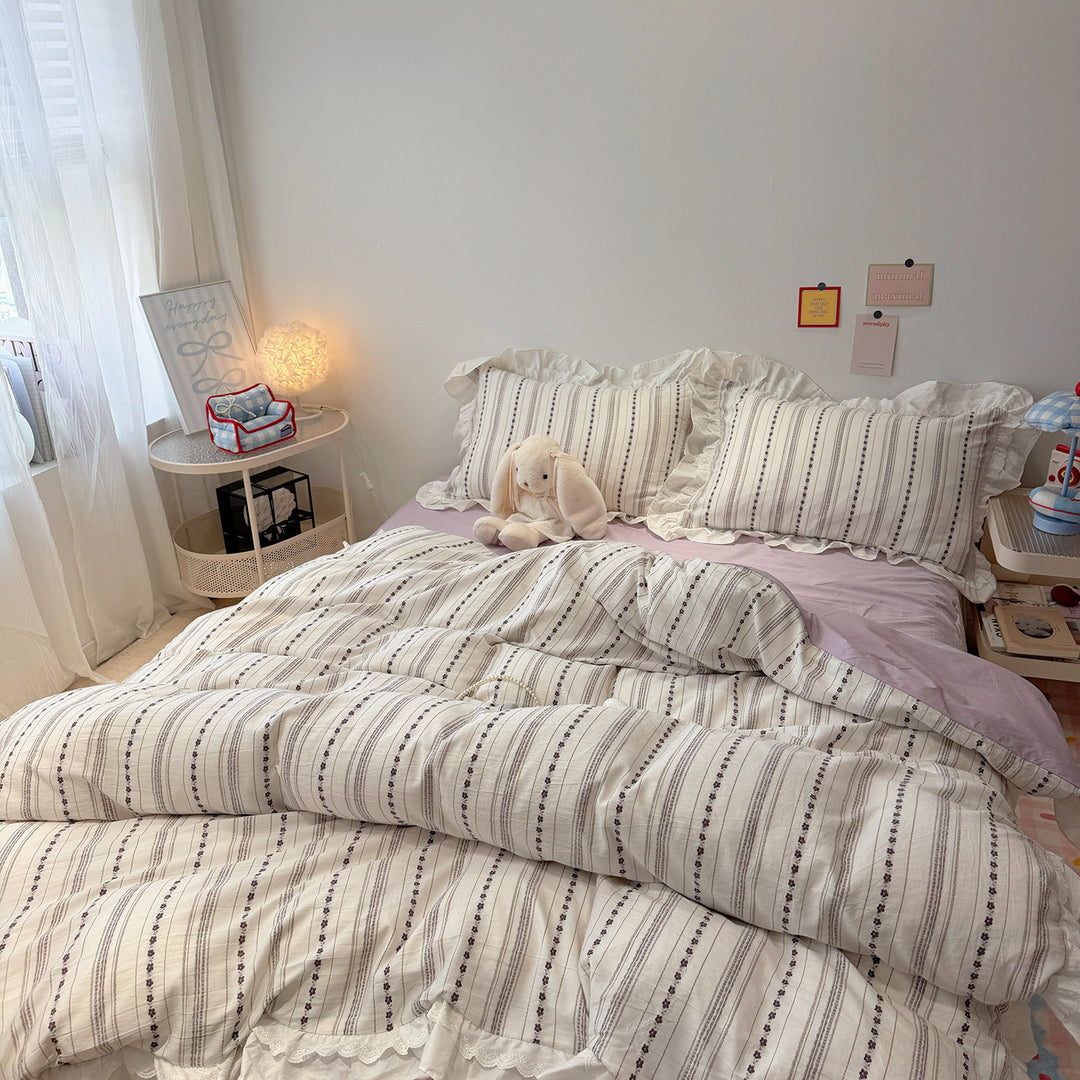 French Cottage Ruffled Cotton Duvet Cover Set with Striped Floral Embroidery and Frilled Pillow Shams