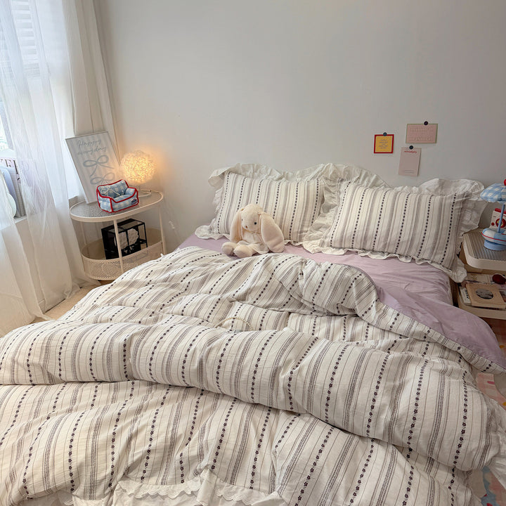 French Cottage Ruffled Cotton Duvet Cover Set with Striped Floral Embroidery and Frilled Pillow Shams