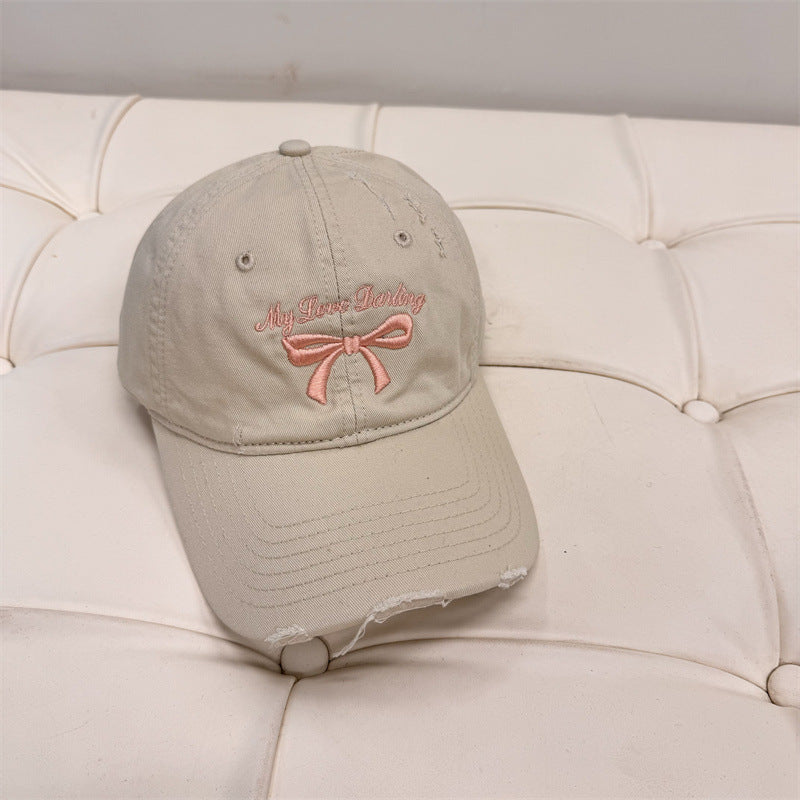 Women's Distressed Cotton Baseball Cap with Bow Embroidery Stornfield