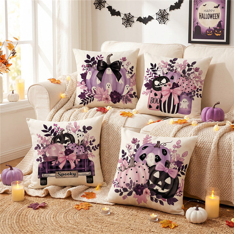 Halloween Ghost Cotton-Linen Square Throw Pillow Covers Set with Hidden Zipper