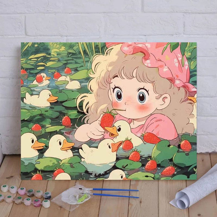 Cartoon Cat and Girl Themed Canvas Paint by Numbers Art Kit Stornfield