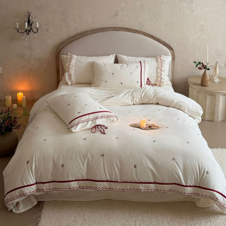 Embroidered Floral Cotton Sateen Duvet Cover Set with Scalloped Lace and Ribbon Ties