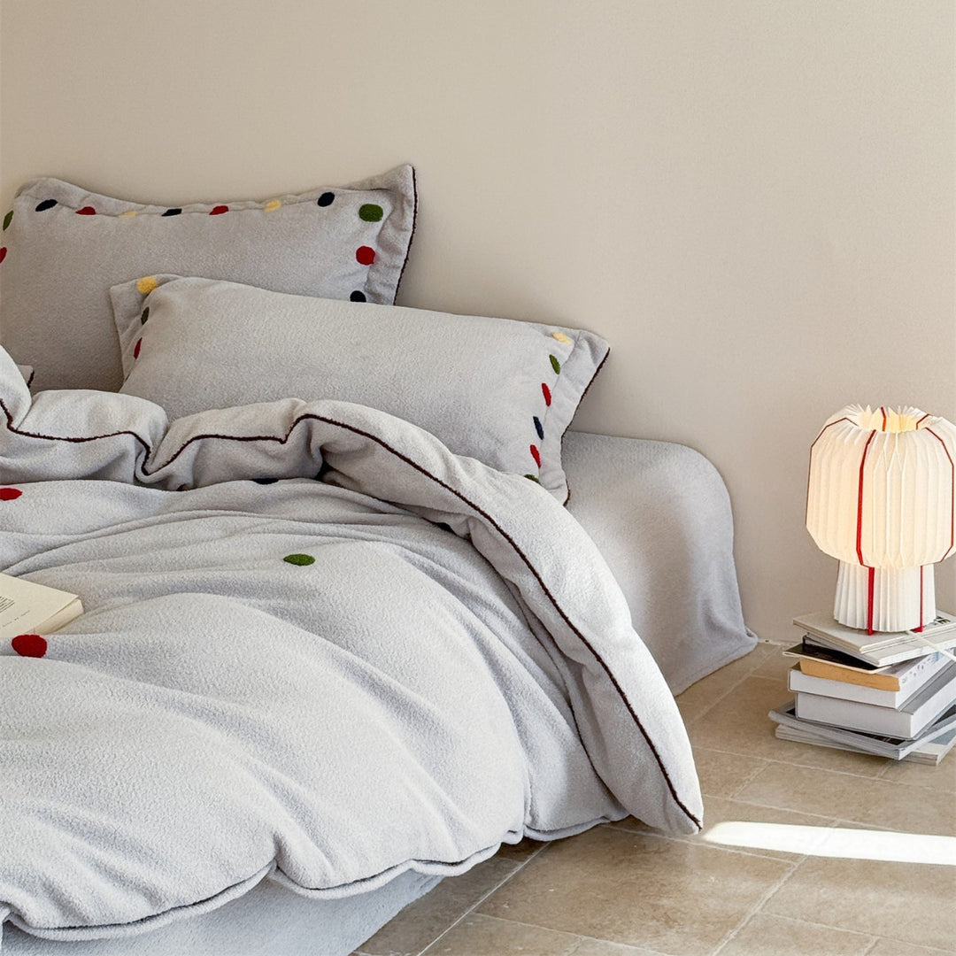 Plush Textured Duvet Cover Set with Contrast Piping and Embroidered Dot Accents